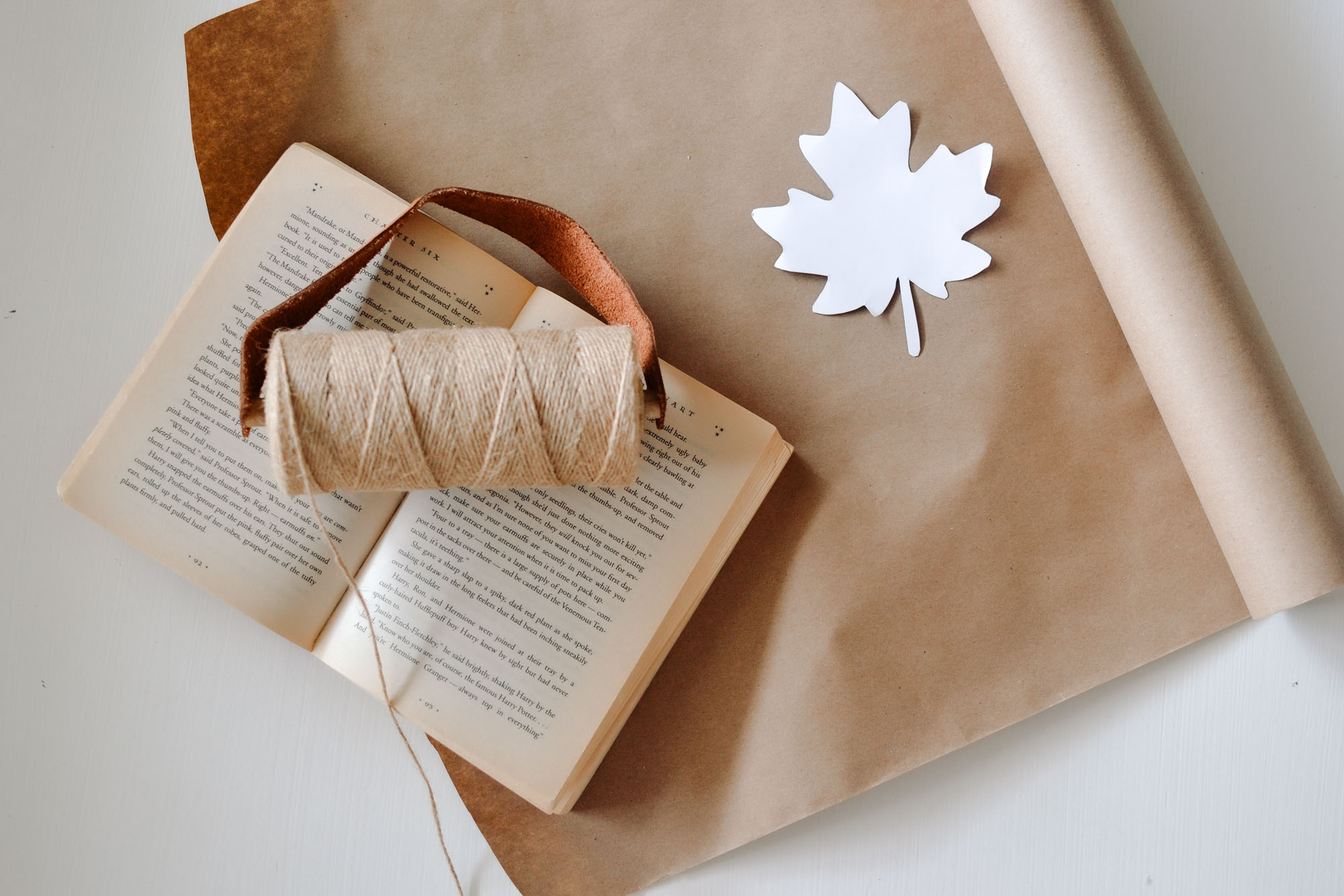 materials needed to make a paper leaf garland, a leaf shape, brown paper, an old book and twine